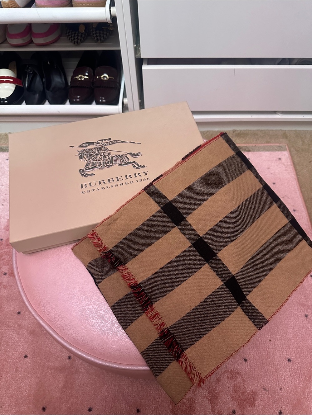 Burberry Tan and Black Check Wool Scarf with red interior